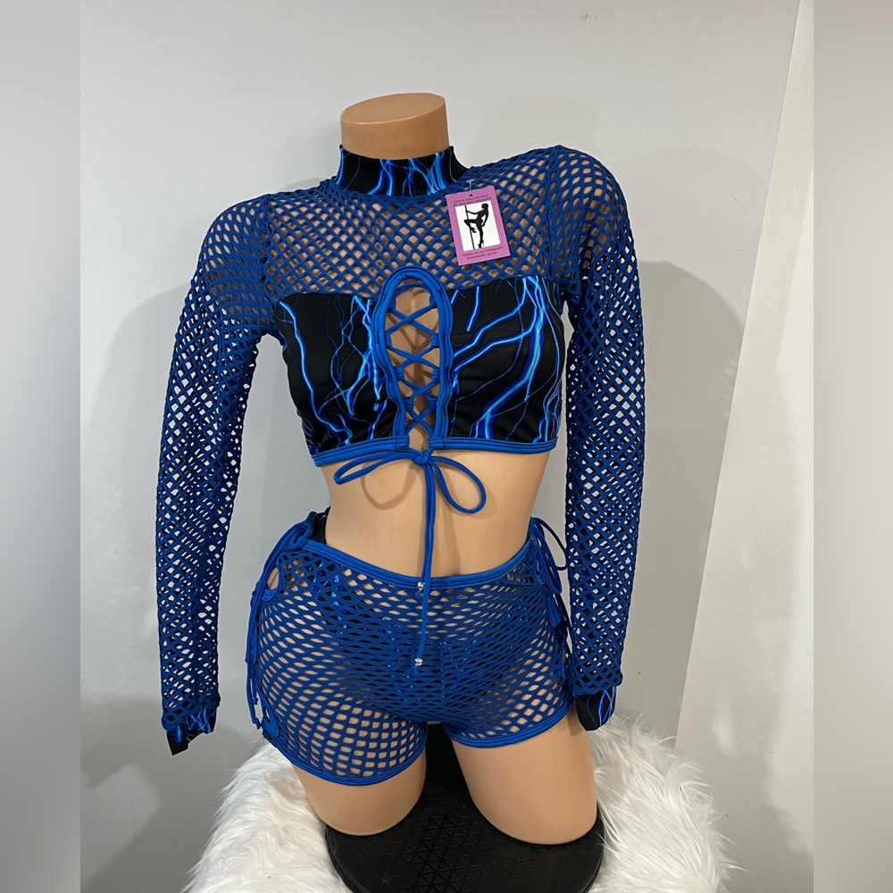 Pink & green lightning bodysuit with adjustable lace-up front and long sleeves